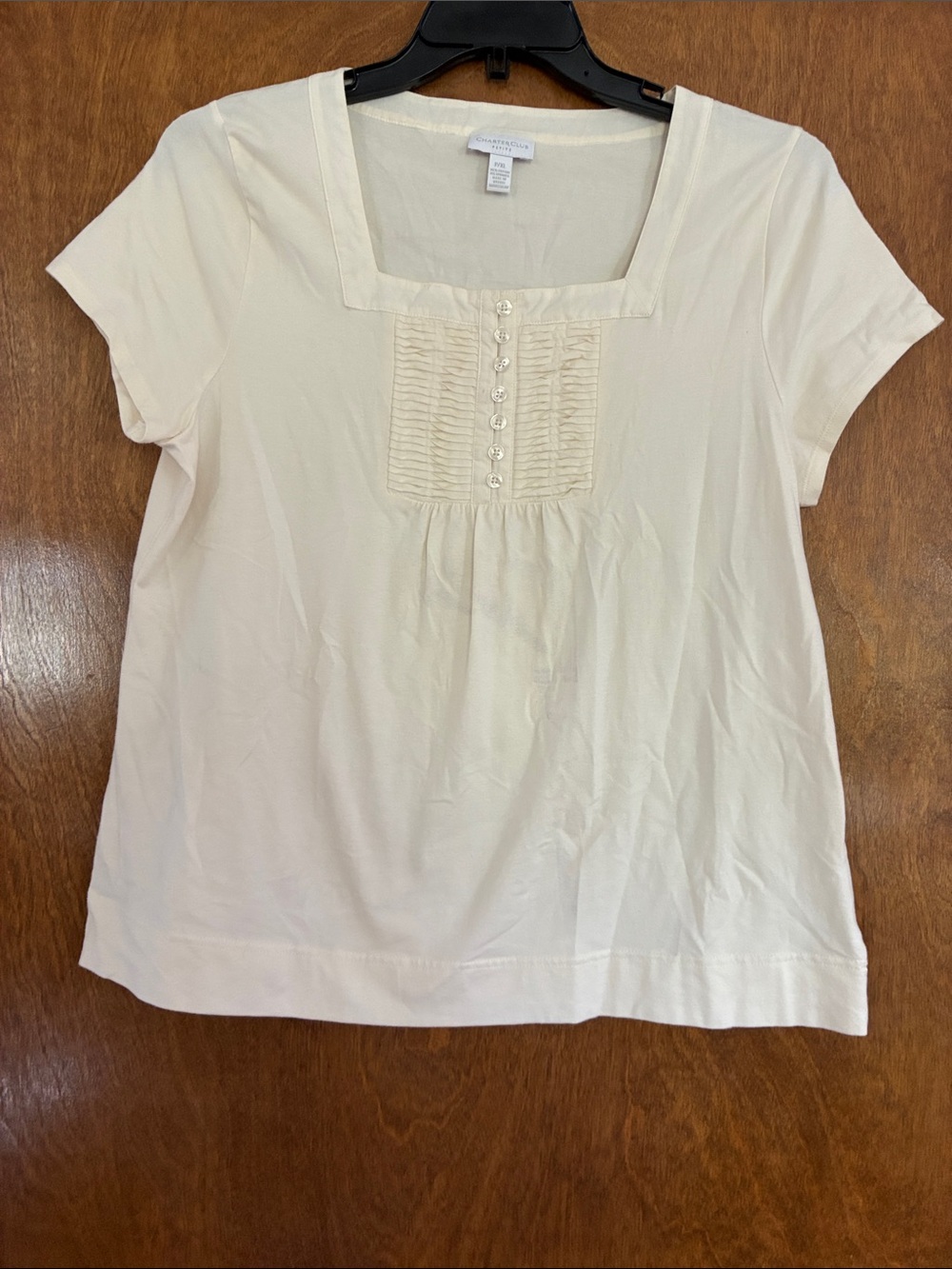 Charter Club Cream Square Neck Short Sleeve Pintuck Top Size Petite XL